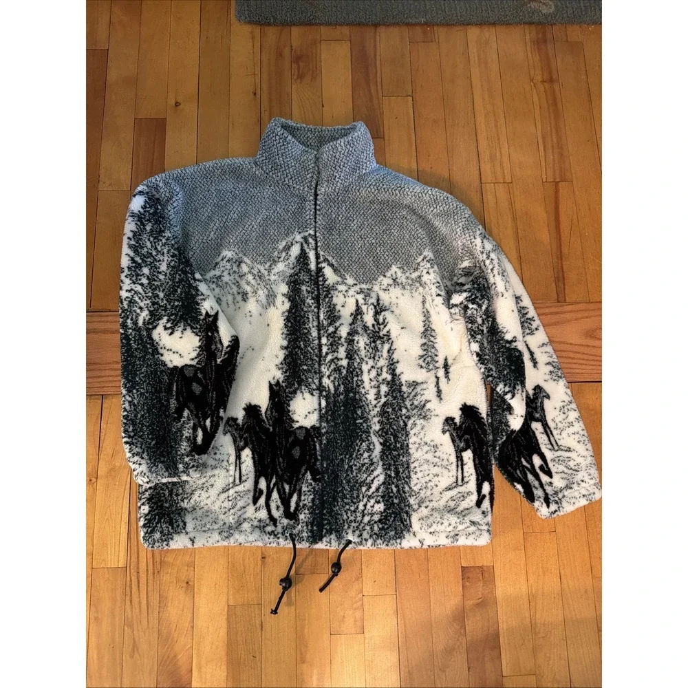 VTG 90s XL Outdoor Mountain Horse AOP Full Zip Deep Pile Fleece Sweatshirt Horse